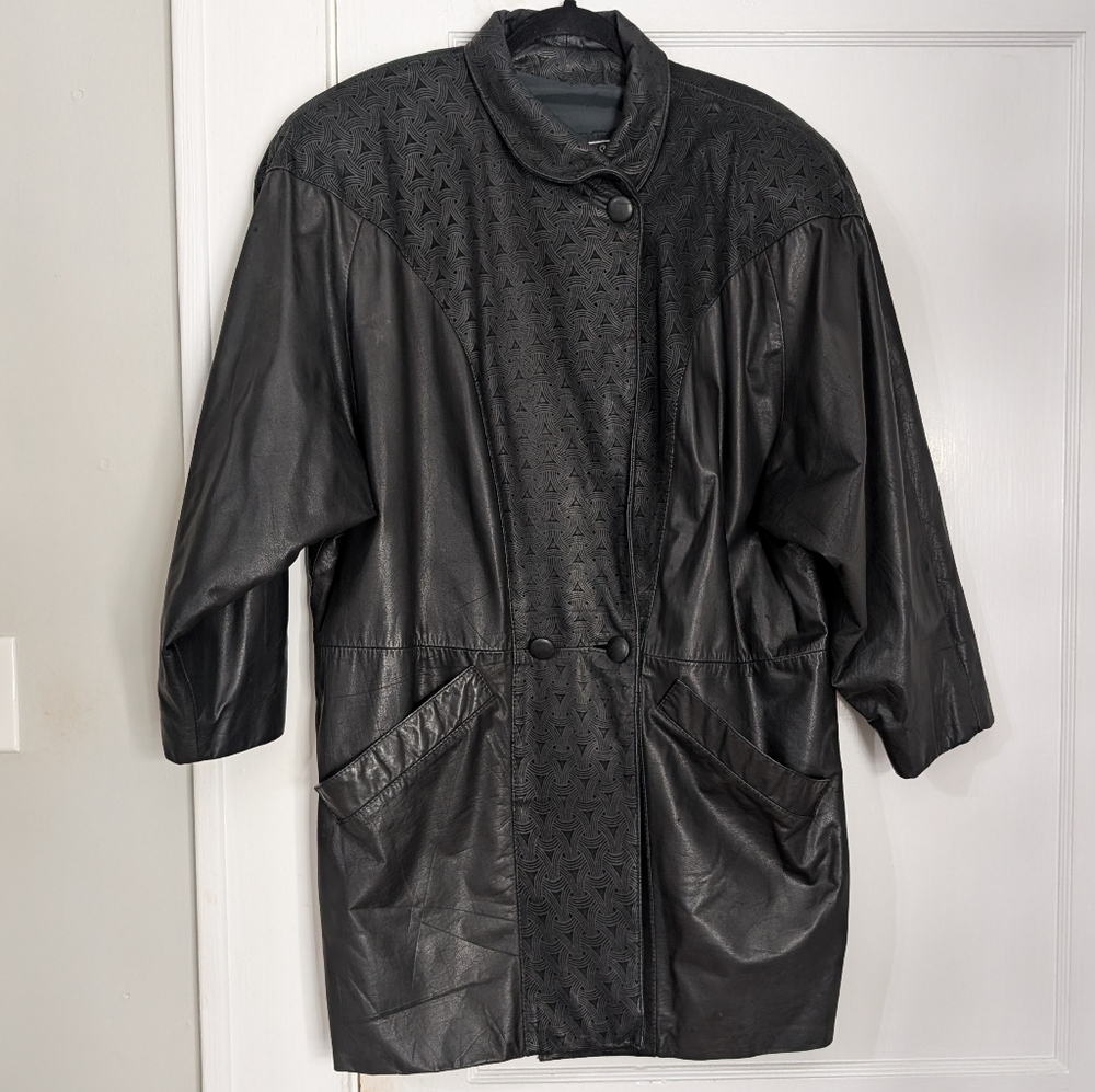 Gino de Giorgio Vintage 80s Black Genuine Leather Long Coat Embossed Women’s M/L
